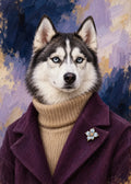 Gemaltes Fashion-Porträt eines Siberian Husky in Pflaume und Nachtblau.