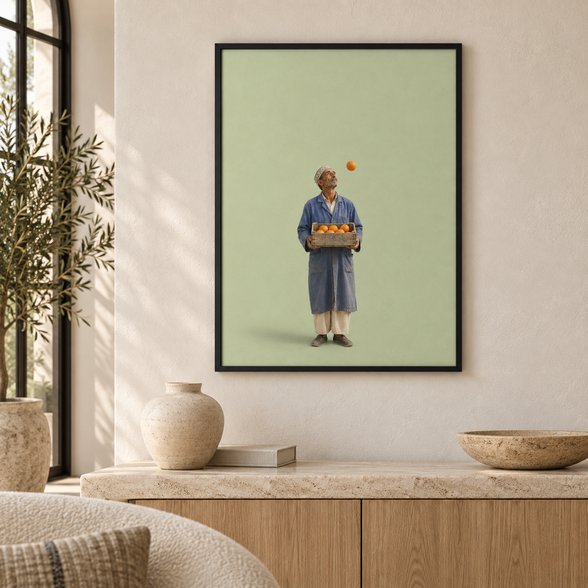 Der letzte Orangenwurf als gerahmtes Poster im Wohnraum