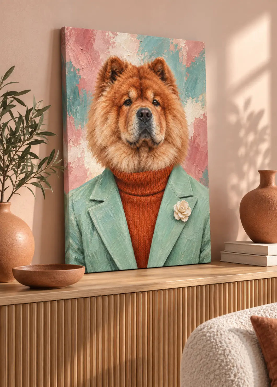 Chow Chow Rosé – Hundeporträt in Mint & Terrakotta als rahmenlose schlanke Leinwand im Wohnraum.