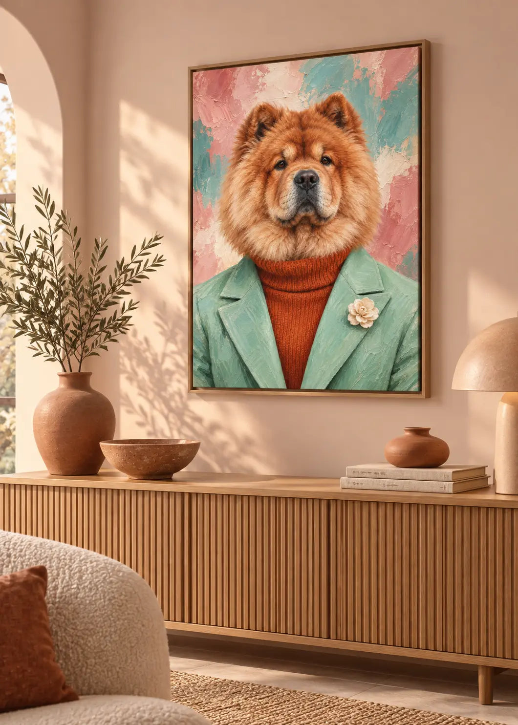 Chow Chow Rosé – Hundeporträt in Mint & Terrakotta als gerahmte Leinwand im Naturholz-Schattenfugenrahmen im Wohnraum.