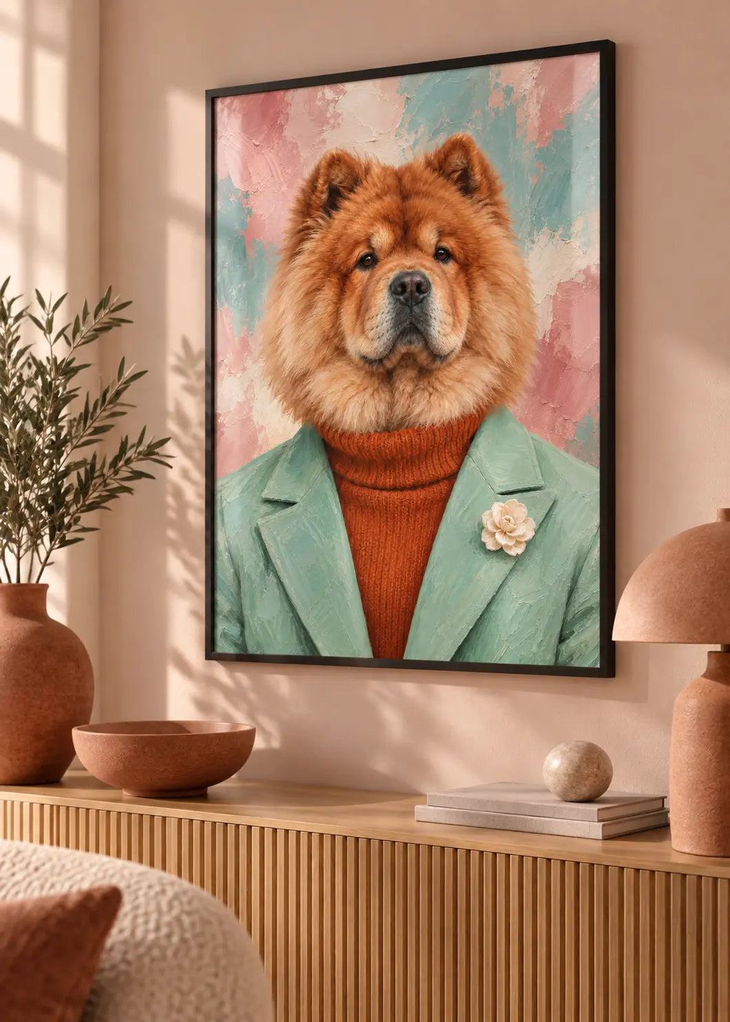 Chow Chow Rosé – Hundeporträt in Mint & Terrakotta als Poster im schwarzen Holzrahmen mit dezenter Scheibenreflexion im Wohnraum.