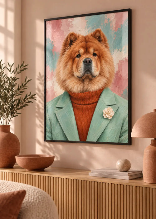 Chow Chow Rosé – Hundeporträt in Mint & Terrakotta als Poster im schwarzen Holzrahmen mit dezenter Scheibenreflexion im Wohnraum.