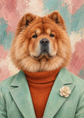 Gemaltes Fashion-Porträt eines Chow Chow in Mintgrün und Terrakotta.