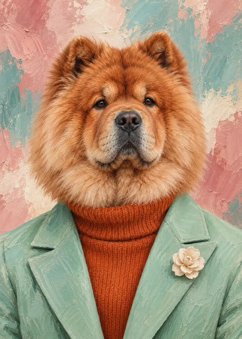 Gemaltes Fashion-Porträt eines Chow Chow in Mintgrün und Terrakotta.