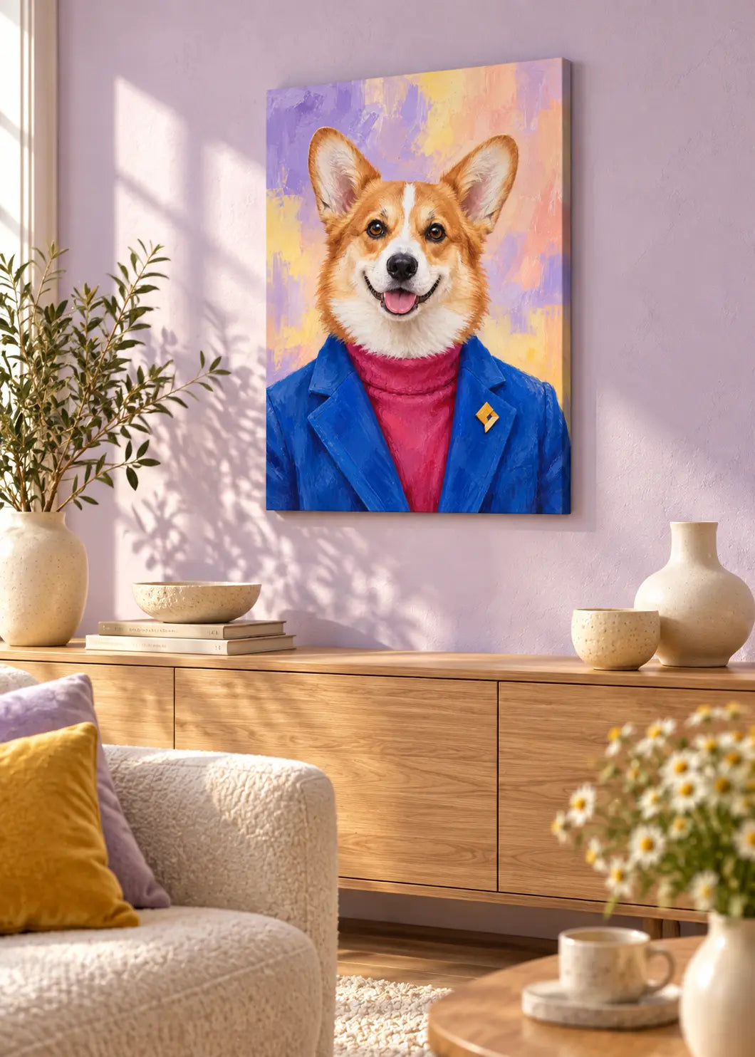 Corgi Pop – Hundeporträt in Kobaltblau & Himbeerrosa als rahmenlose schlanke Leinwand im Wohnraum.