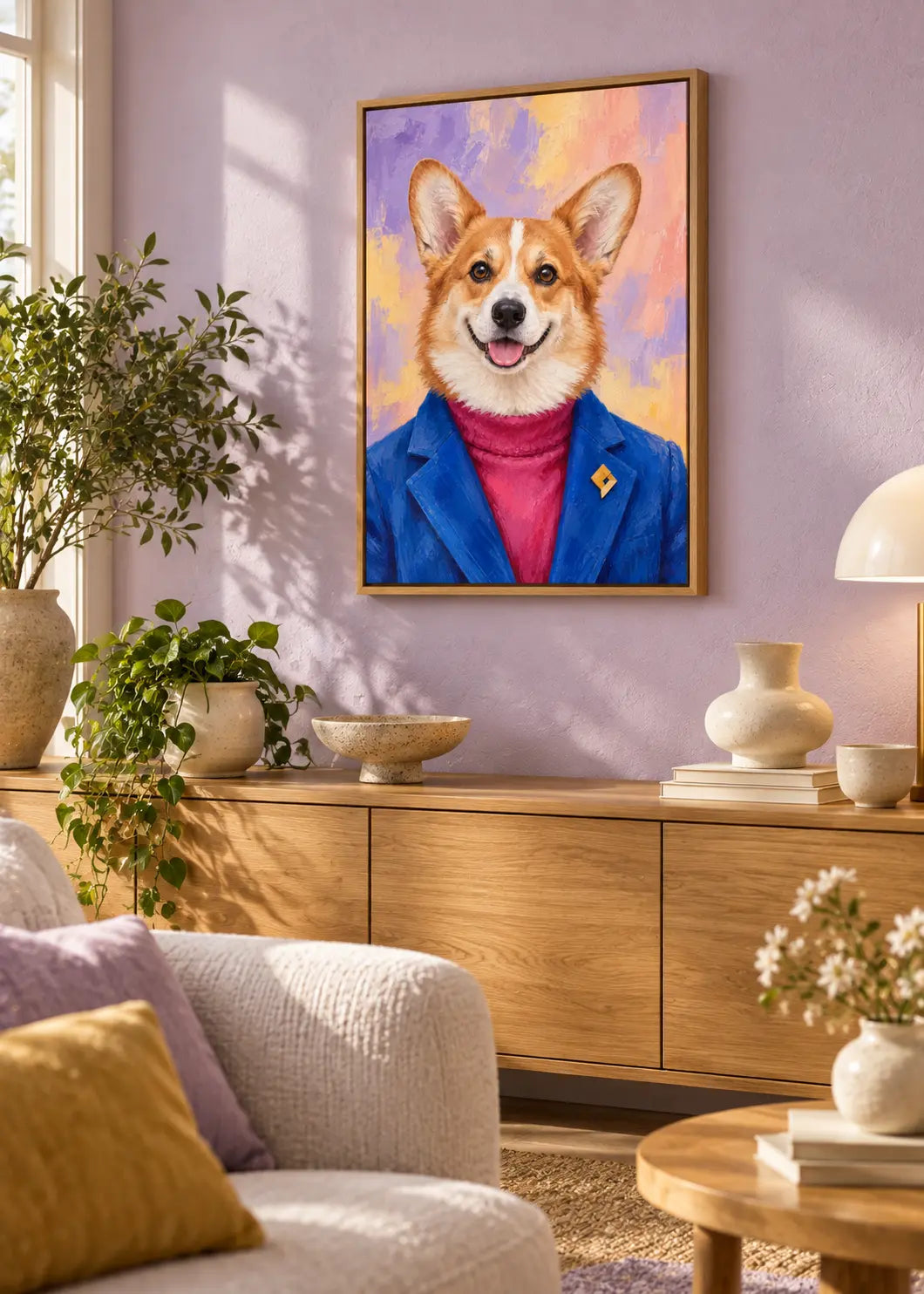 Corgi Pop – Hundeporträt in Kobaltblau & Himbeerrosa als gerahmte Leinwand im Naturholz-Schattenfugenrahmen im Wohnraum.