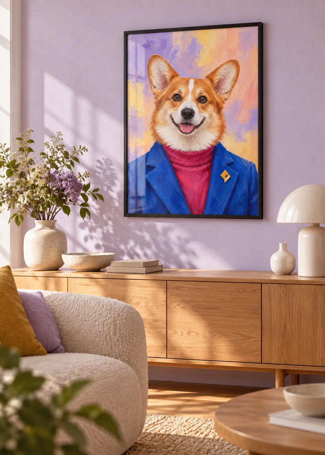 Corgi Pop – Hundeporträt in Kobaltblau & Himbeerrosa als Poster im schwarzen Holzrahmen mit dezenter Scheibenreflexion im Wohnraum.