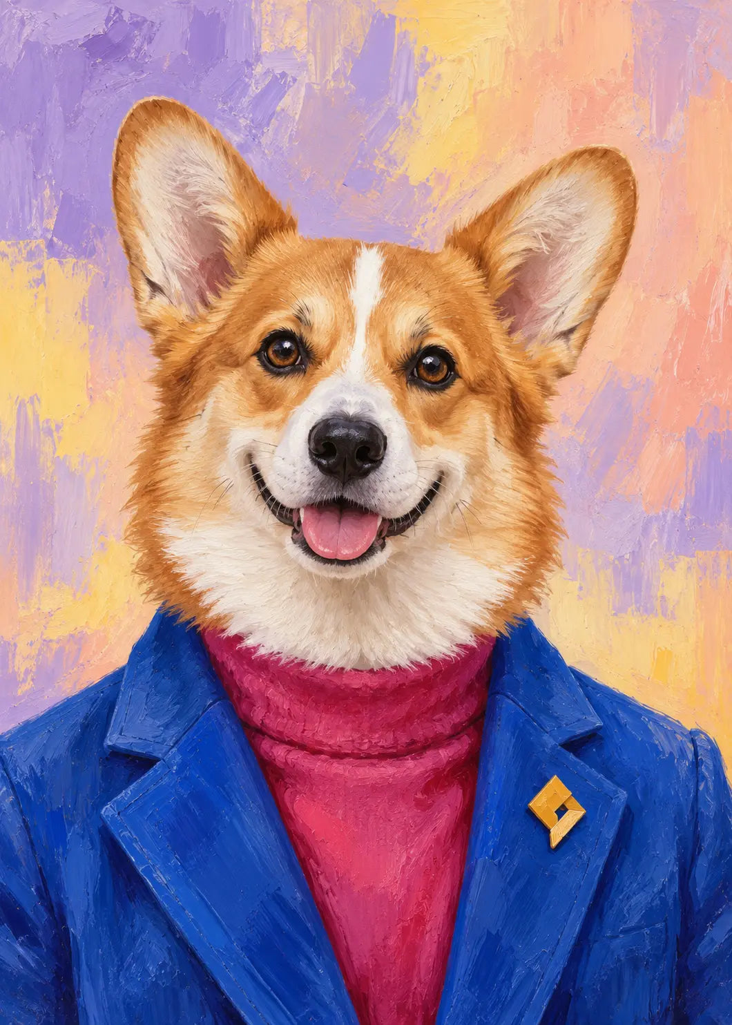 Gemaltes Fashion-Porträt eines Welsh Corgi in Kobaltblau und Himbeerrosa.
