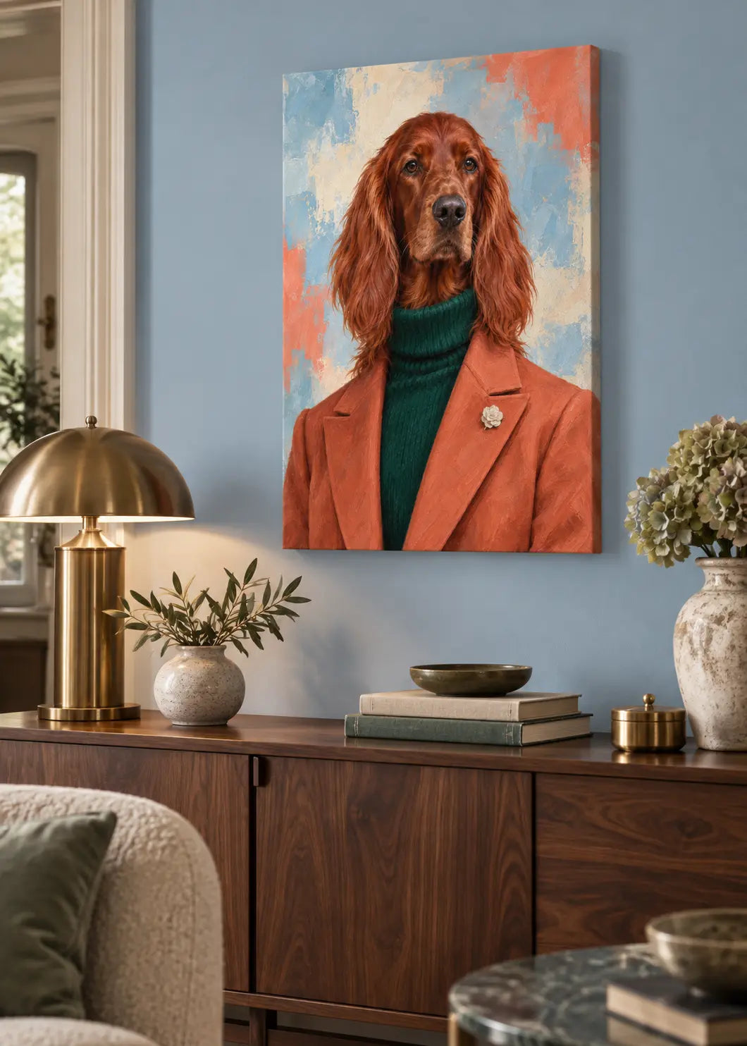 Irish Setter Élégance – Hundeporträt in Terrakotta & Smaragd als rahmenlose schlanke Leinwand im Wohnraum.