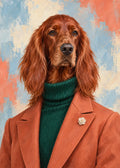Gemaltes Fashion-Porträt eines Irish Setter in Terrakotta und Smaragdgrün.