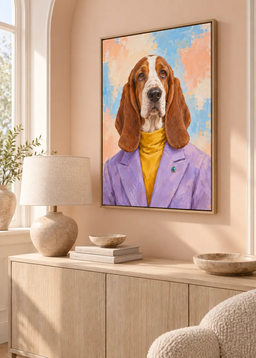 Basset Chic – Hundeporträt in Lavendel & Safran als gerahmte Leinwand im Naturholz-Schattenfugenrahmen im Wohnraum.