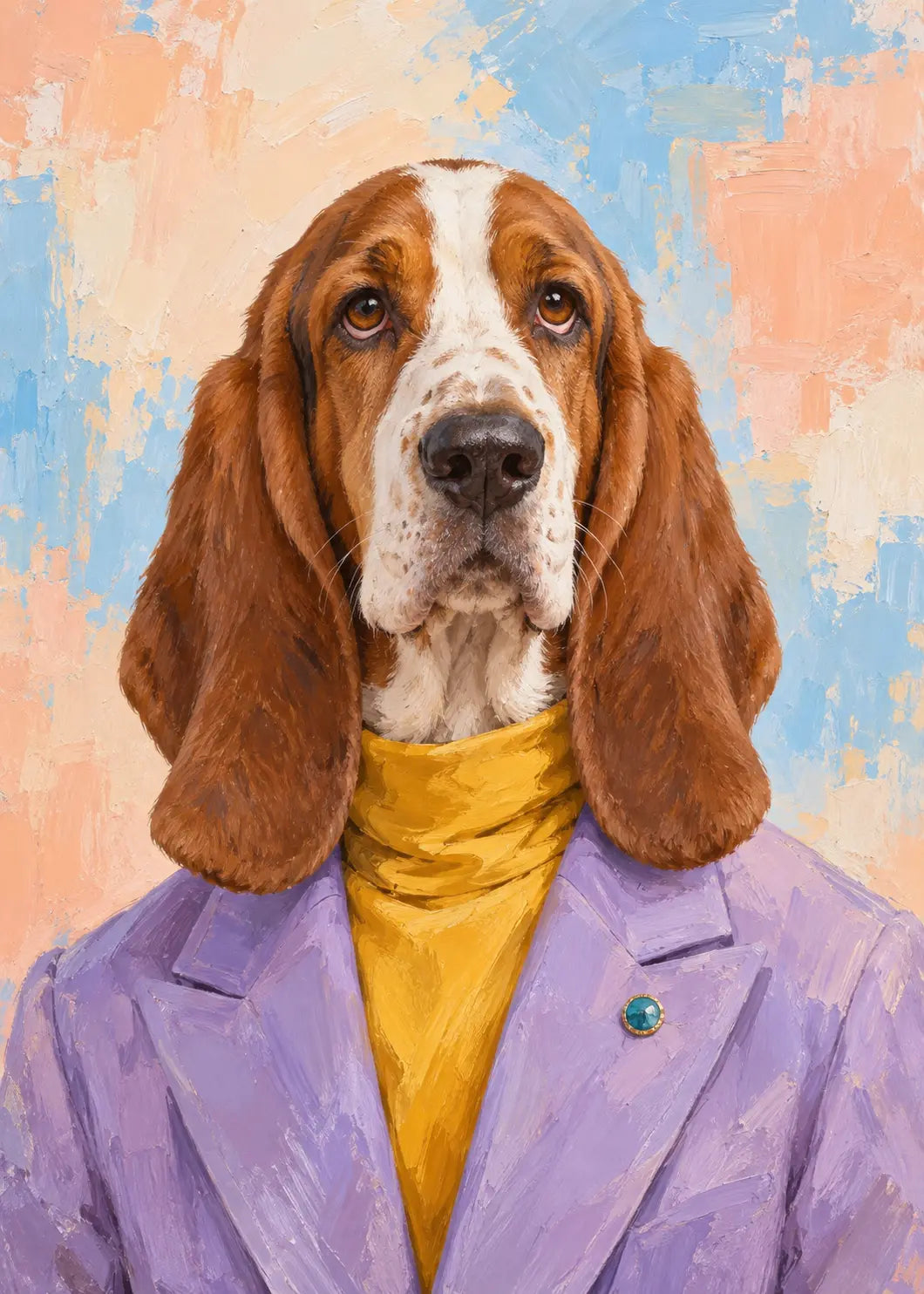 Gemaltes Fashion-Porträt eines Basset Hound in Lavendel und Safran.