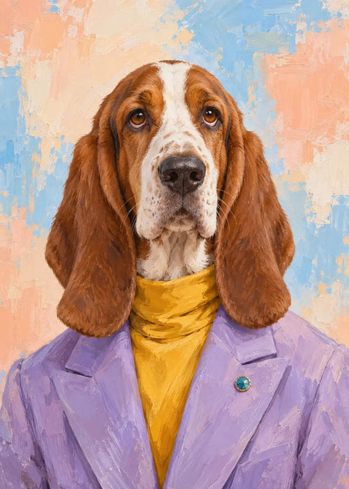 Gemaltes Fashion-Porträt eines Basset Hound in Lavendel und Safran.