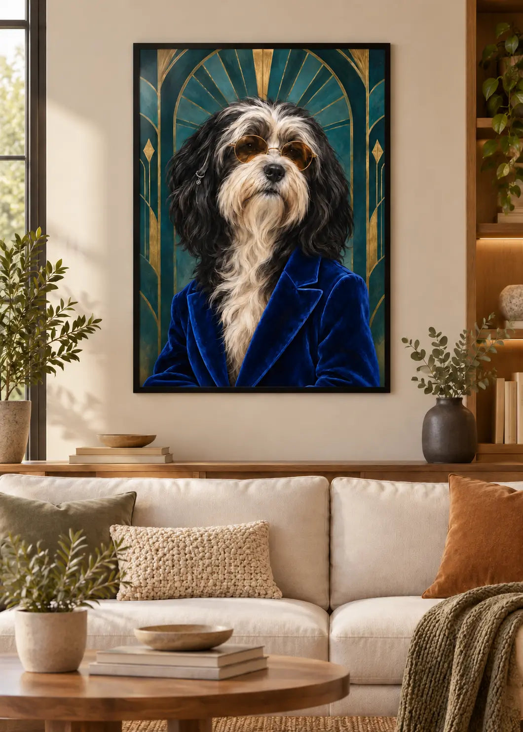 GL00000051 Tibet Terrier Art Déco – identisches Wohnzimmer-Mockup im schwarzen Holzrahmen ohne weißen Innenrand