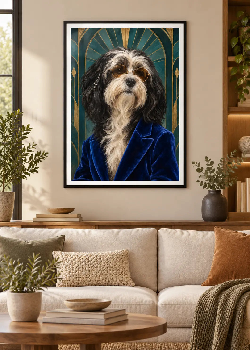 GL00000051 Tibet Terrier Art Déco – Wohnzimmer-Mockup im schwarzen Holzrahmen mit weißem Innenrand
