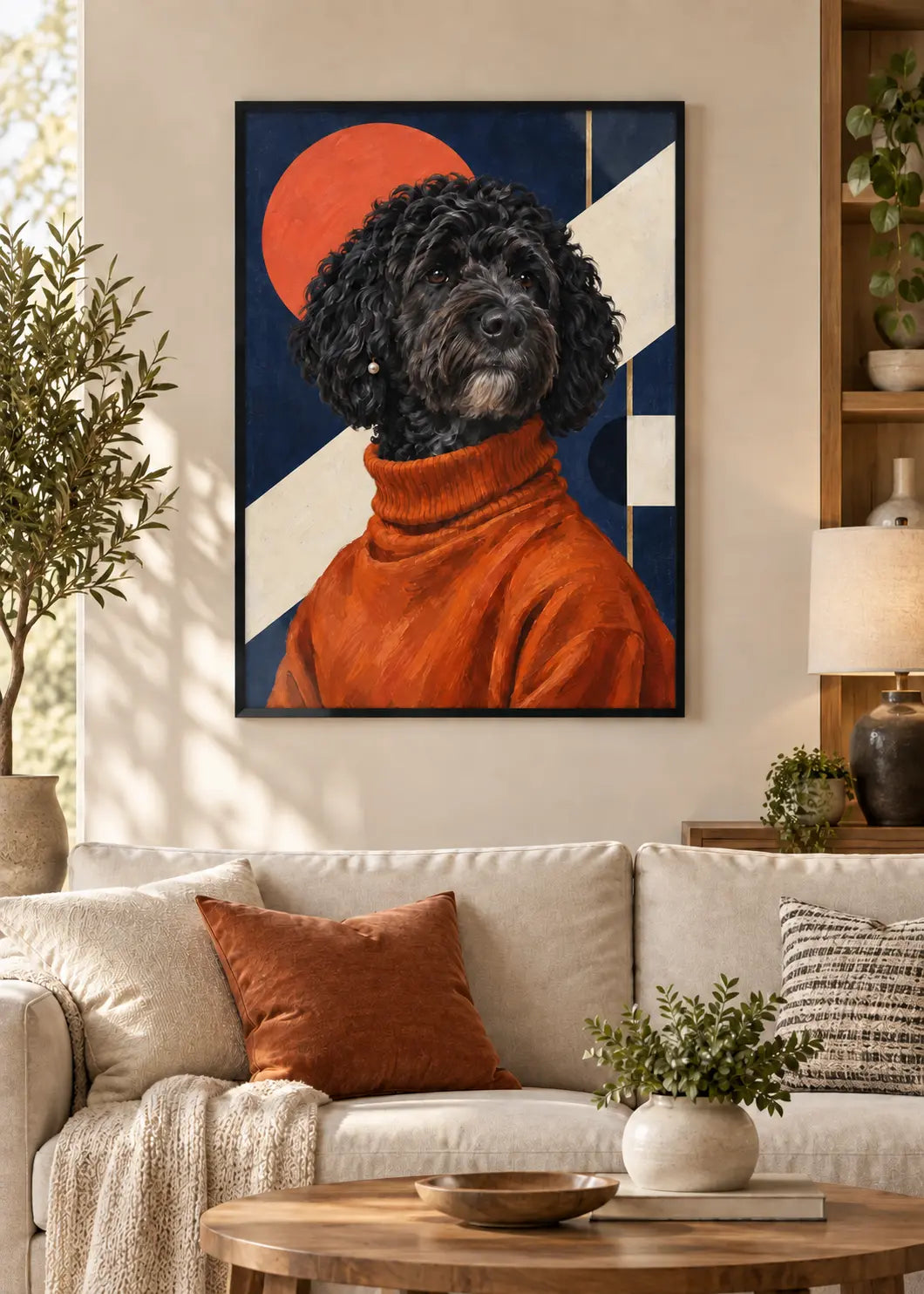 GL00000052 Portugiesischer Wasserhund Bauhaus – identisches Wohnzimmer-Mockup im schwarzen Holzrahmen ohne weißen Innenrand