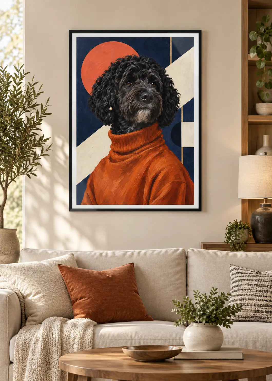 GL00000052 Portugiesischer Wasserhund Bauhaus – Wohnzimmer-Mockup im schwarzen Holzrahmen mit weißem Innenrand