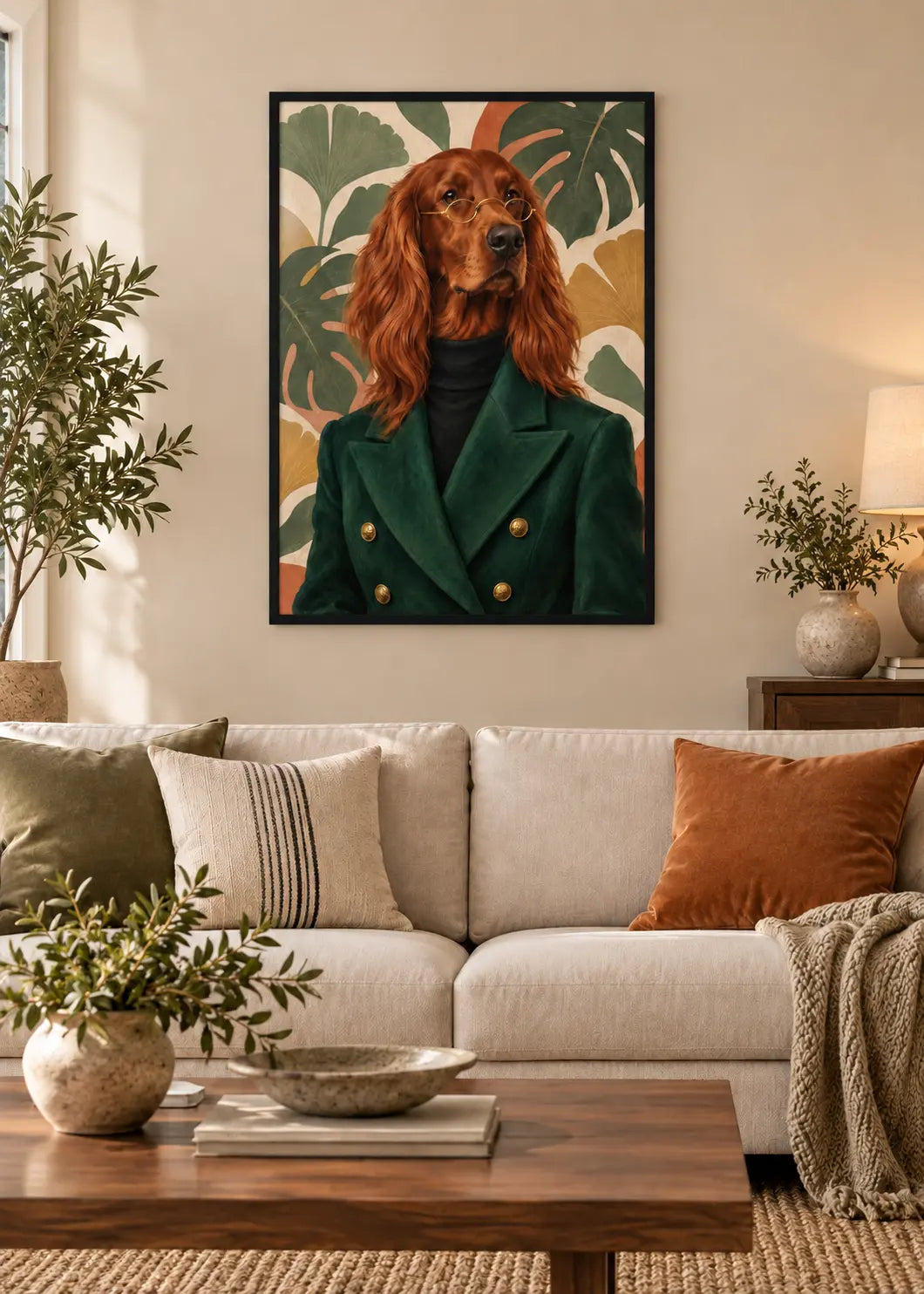 GL00000053 Irish Setter Botanical – identisches Wohnzimmer-Mockup im schwarzen Holzrahmen ohne weißen Innenrand