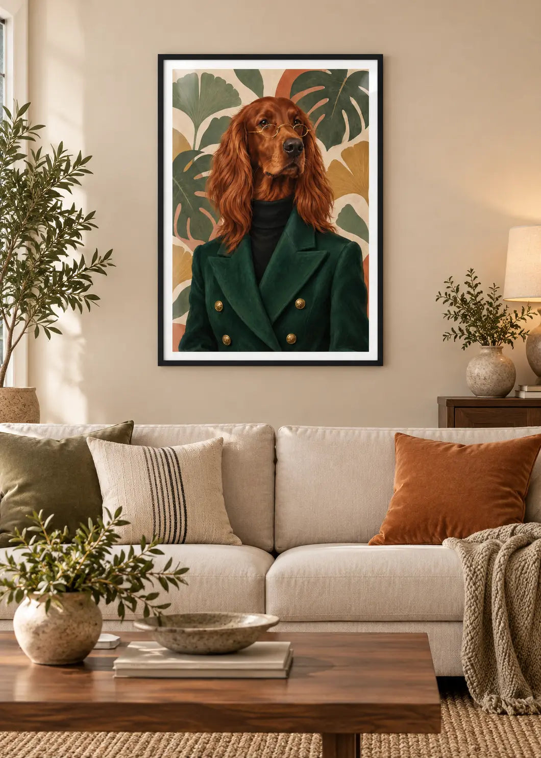GL00000053 Irish Setter Botanical – Wohnzimmer-Mockup im schwarzen Holzrahmen mit weißem Innenrand