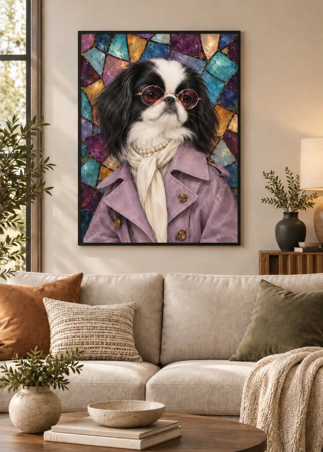 GL00000054 Japanese Chin Mosaik – identisches Wohnzimmer-Mockup im schwarzen Holzrahmen ohne weißen Innenrand