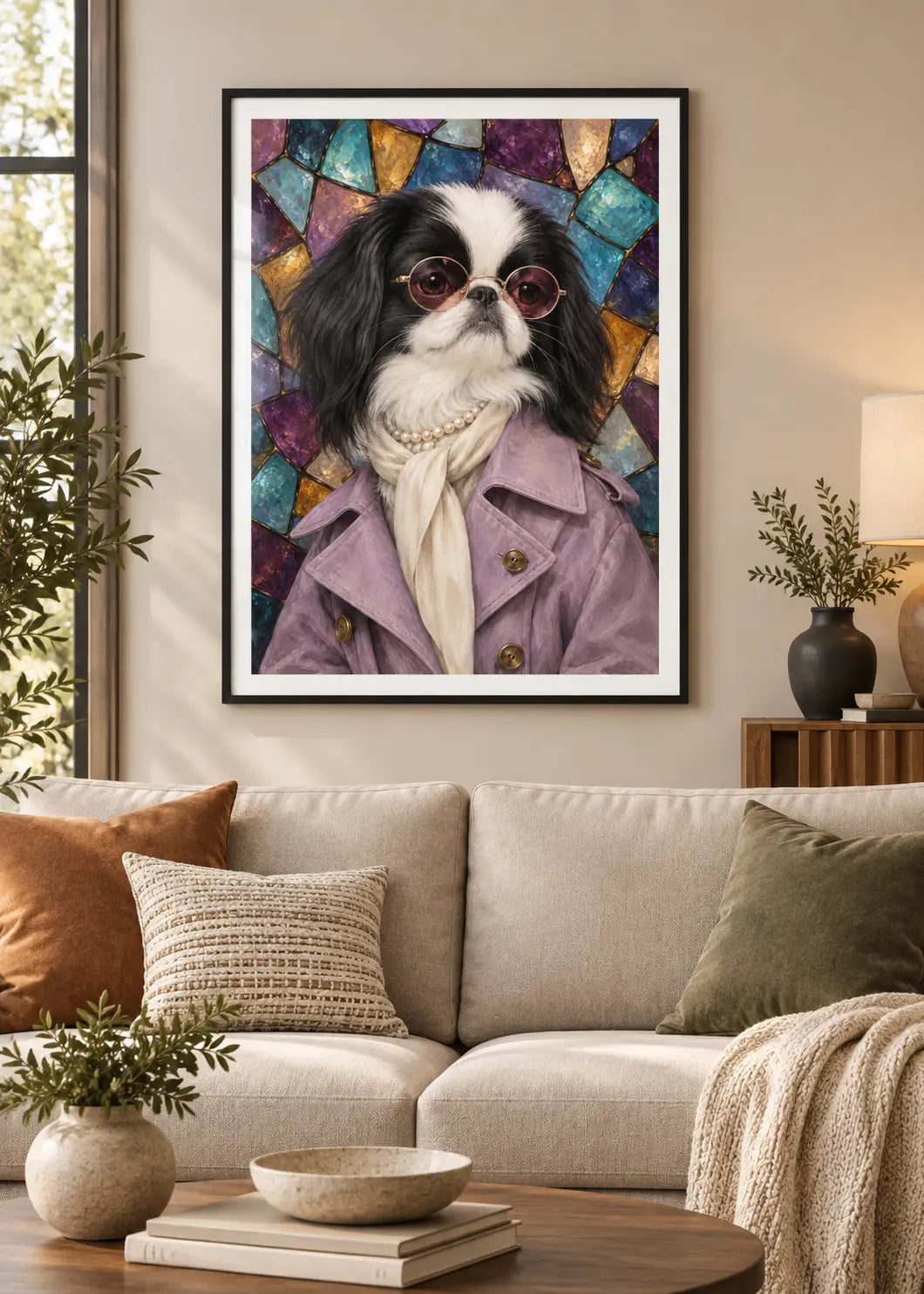 GL00000054 Japanese Chin Mosaik – Wohnzimmer-Mockup im schwarzen Holzrahmen mit weißem Innenrand