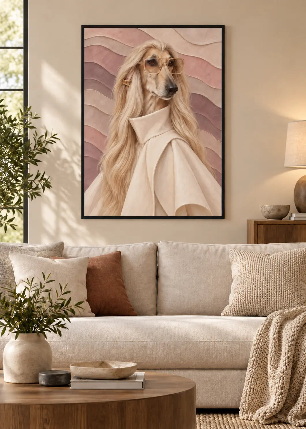 GL00000055 Afghan Hound Relief – identisches Wohnzimmer-Mockup im schwarzen Holzrahmen ohne weißen Innenrand