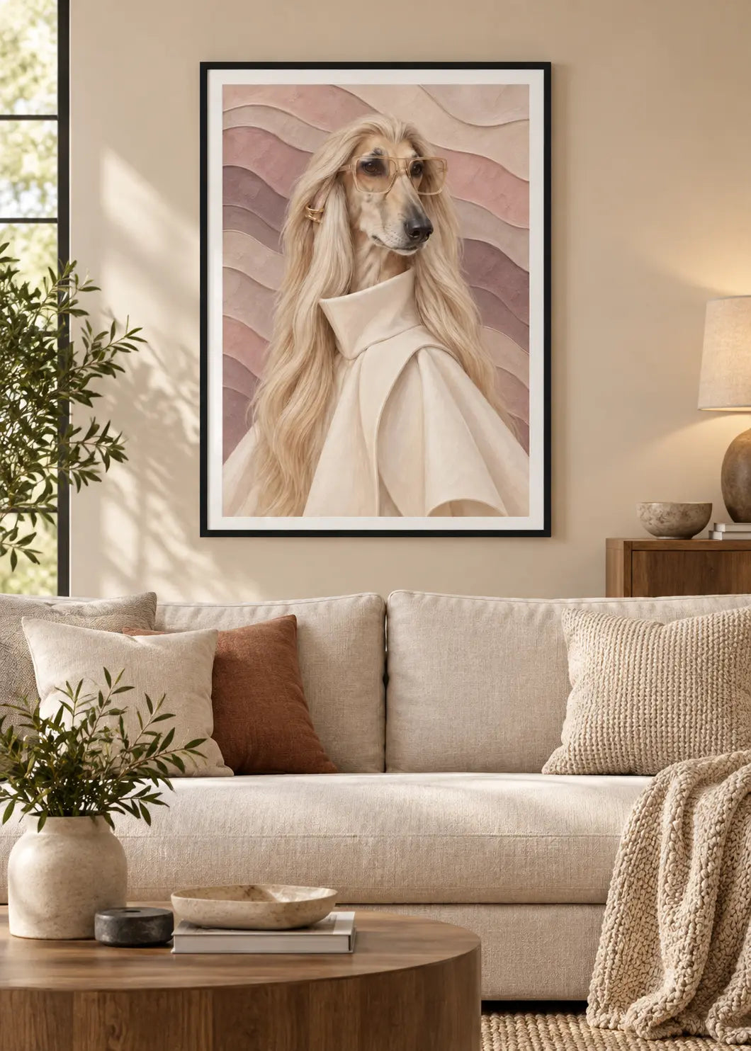 GL00000055 Afghan Hound Relief – Wohnzimmer-Mockup im schwarzen Holzrahmen mit weißem Innenrand