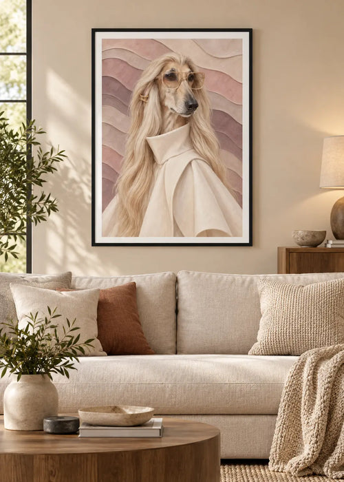 GL00000055 Afghan Hound Relief – Wohnzimmer-Mockup im schwarzen Holzrahmen mit weißem Innenrand
