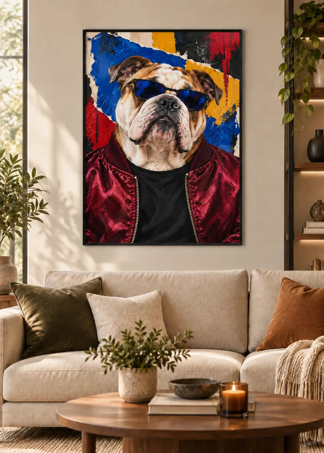 GL00000056 Bulldog Urban Collage – identisches Wohnzimmer-Mockup im schwarzen Holzrahmen ohne weißen Innenrand
