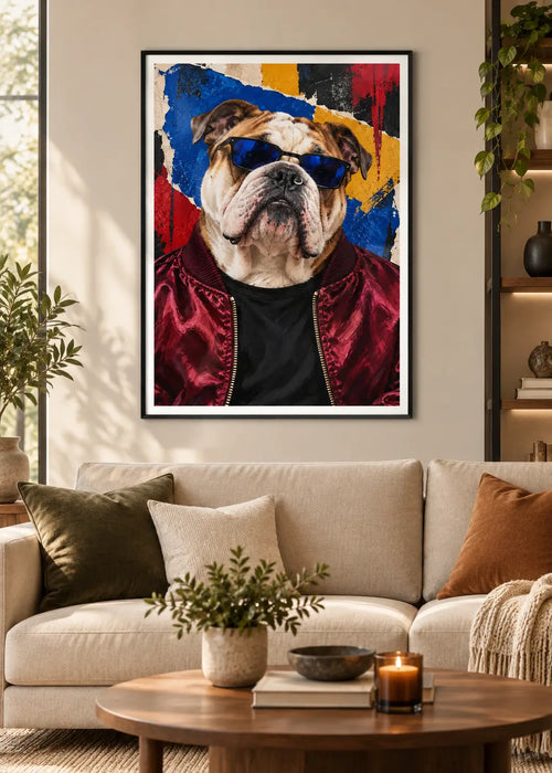 GL00000056 Bulldog Urban Collage – Wohnzimmer-Mockup im schwarzen Holzrahmen mit weißem Innenrand