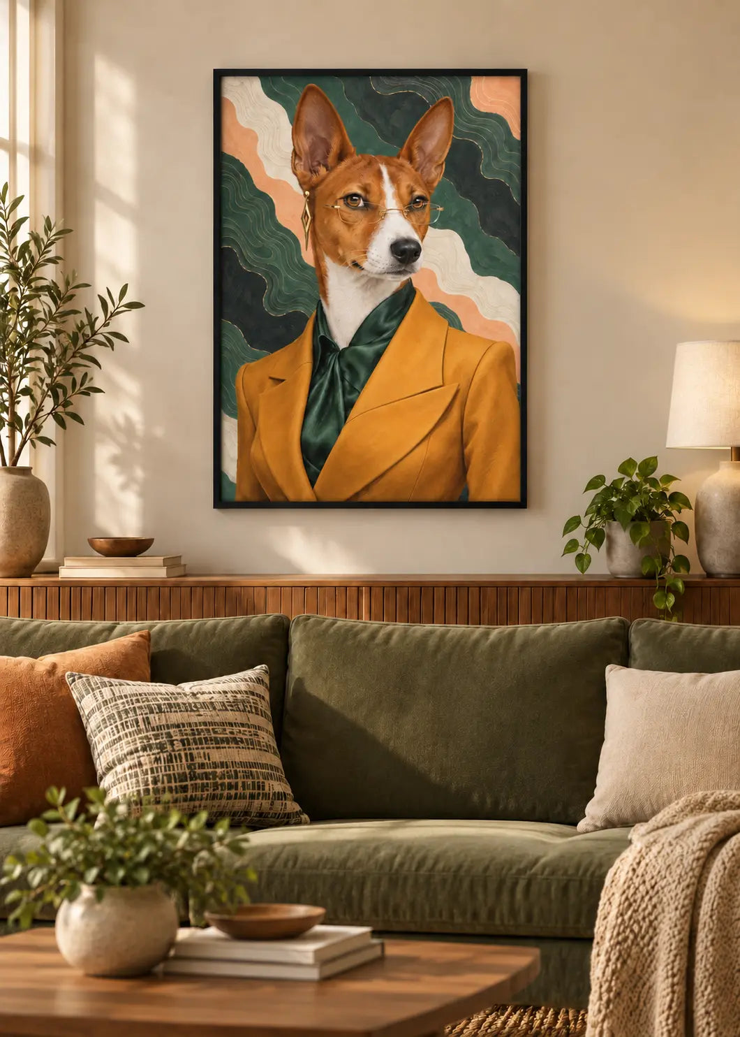 GL00000057 Basenji Topografie – identisches Wohnzimmer-Mockup im schwarzen Holzrahmen ohne weißen Innenrand