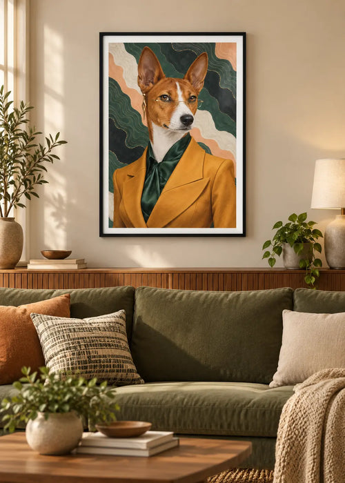 GL00000057 Basenji Topografie – Wohnzimmer-Mockup im schwarzen Holzrahmen mit weißem Innenrand