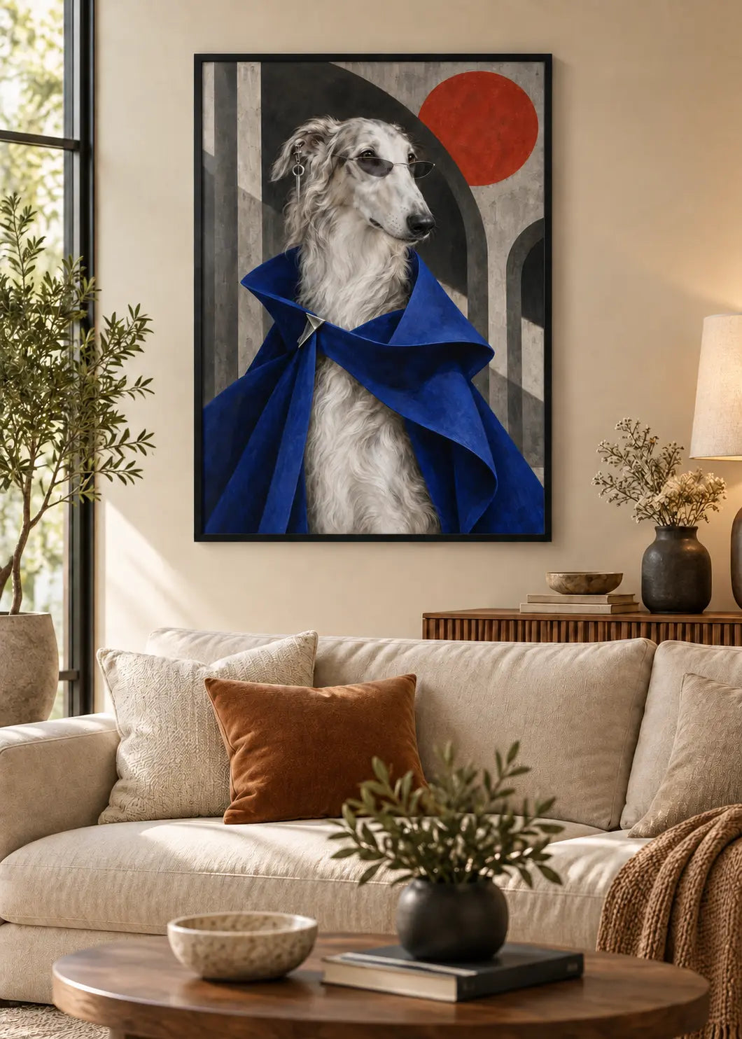 GL00000059 Borzoi Brutalismus – identisches Wohnzimmer-Mockup im schwarzen Holzrahmen ohne weißen Innenrand