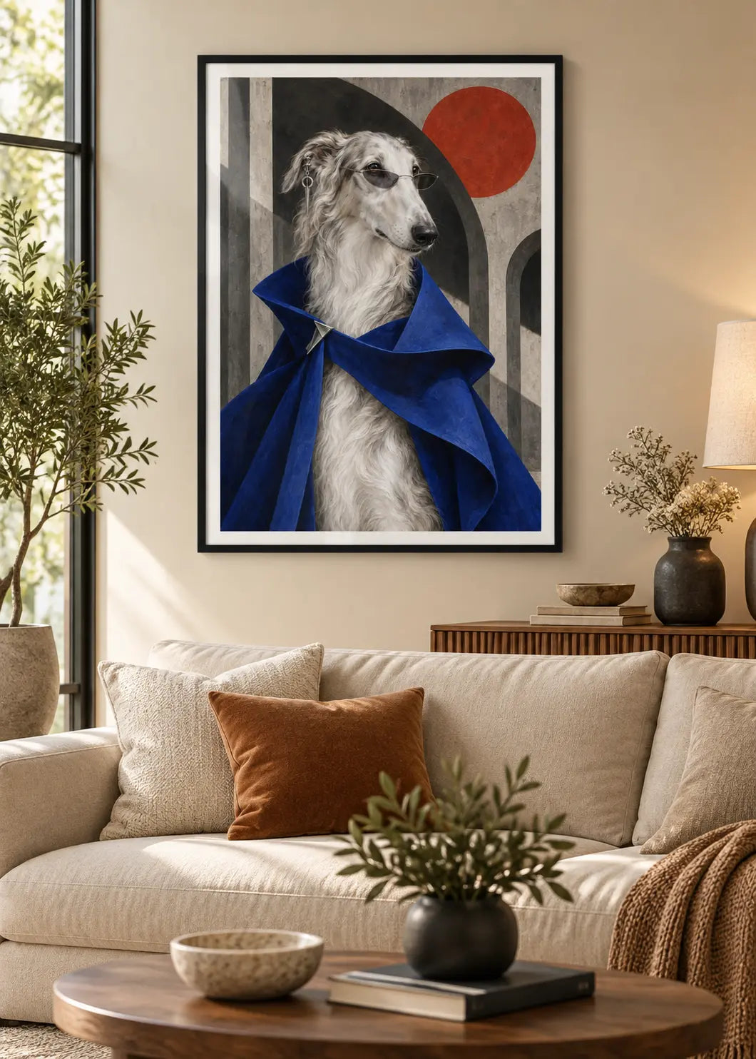 GL00000059 Borzoi Brutalismus – Wohnzimmer-Mockup im schwarzen Holzrahmen mit weißem Innenrand