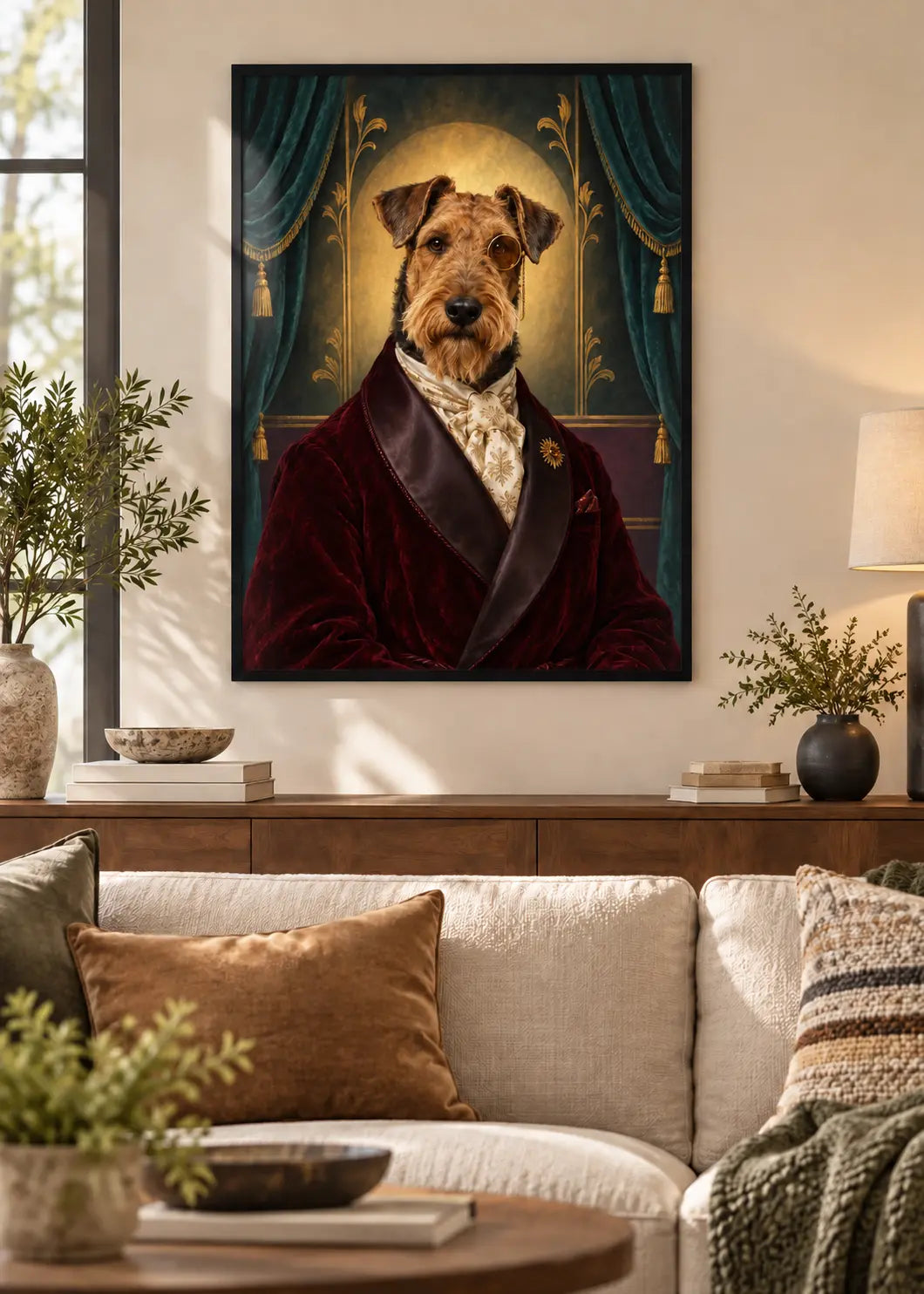 GL00000061 Deutsche Dogge Smaragd – identisches Wohnzimmer-Mockup im schwarzen Holzrahmen ohne weißen Innenrand