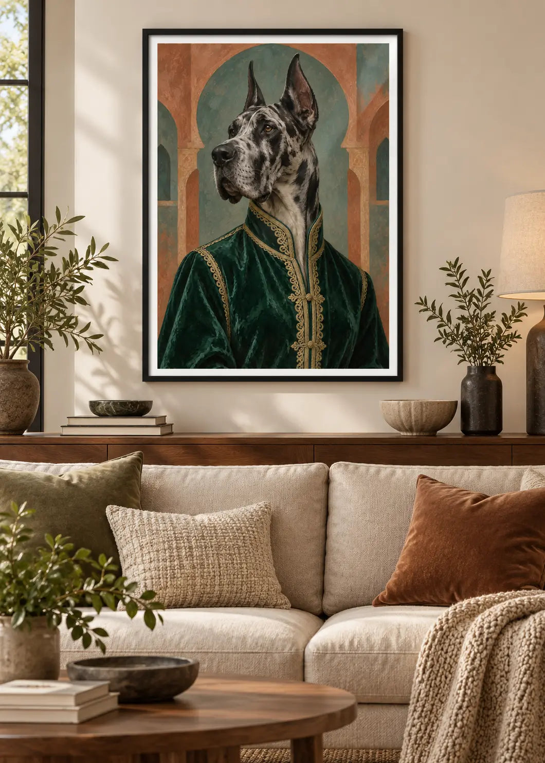 GL00000061 Deutsche Dogge Smaragd – Wohnzimmer-Mockup im schwarzen Holzrahmen mit weißem Innenrand