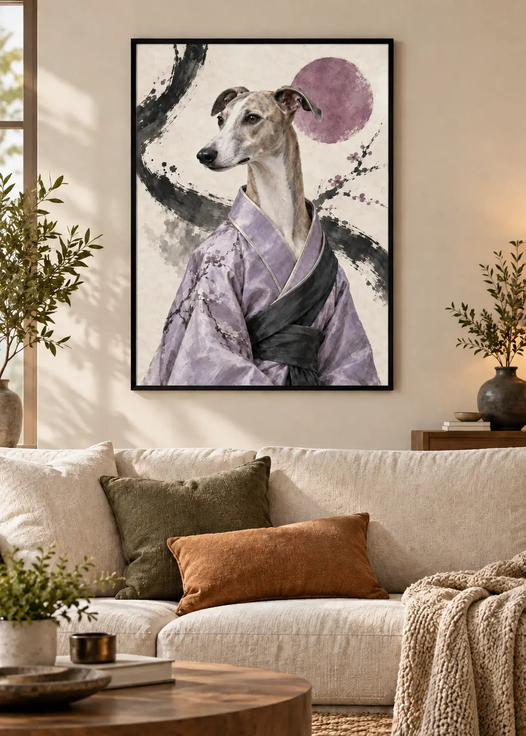 GL00000062 Basenji Bauhaus Kobalt – identisches Wohnzimmer-Mockup im schwarzen Holzrahmen ohne weißen Innenrand