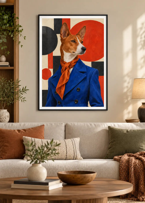 GL00000062 Basenji Bauhaus Kobalt – Wohnzimmer-Mockup im schwarzen Holzrahmen mit weißem Innenrand