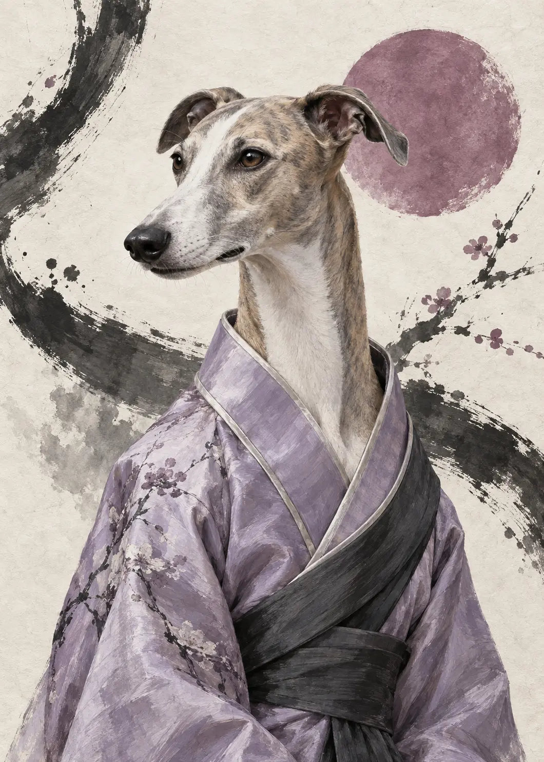 GL00000063 Whippet Sumi-e Lavendel – ungerahmtes Kunstmotiv