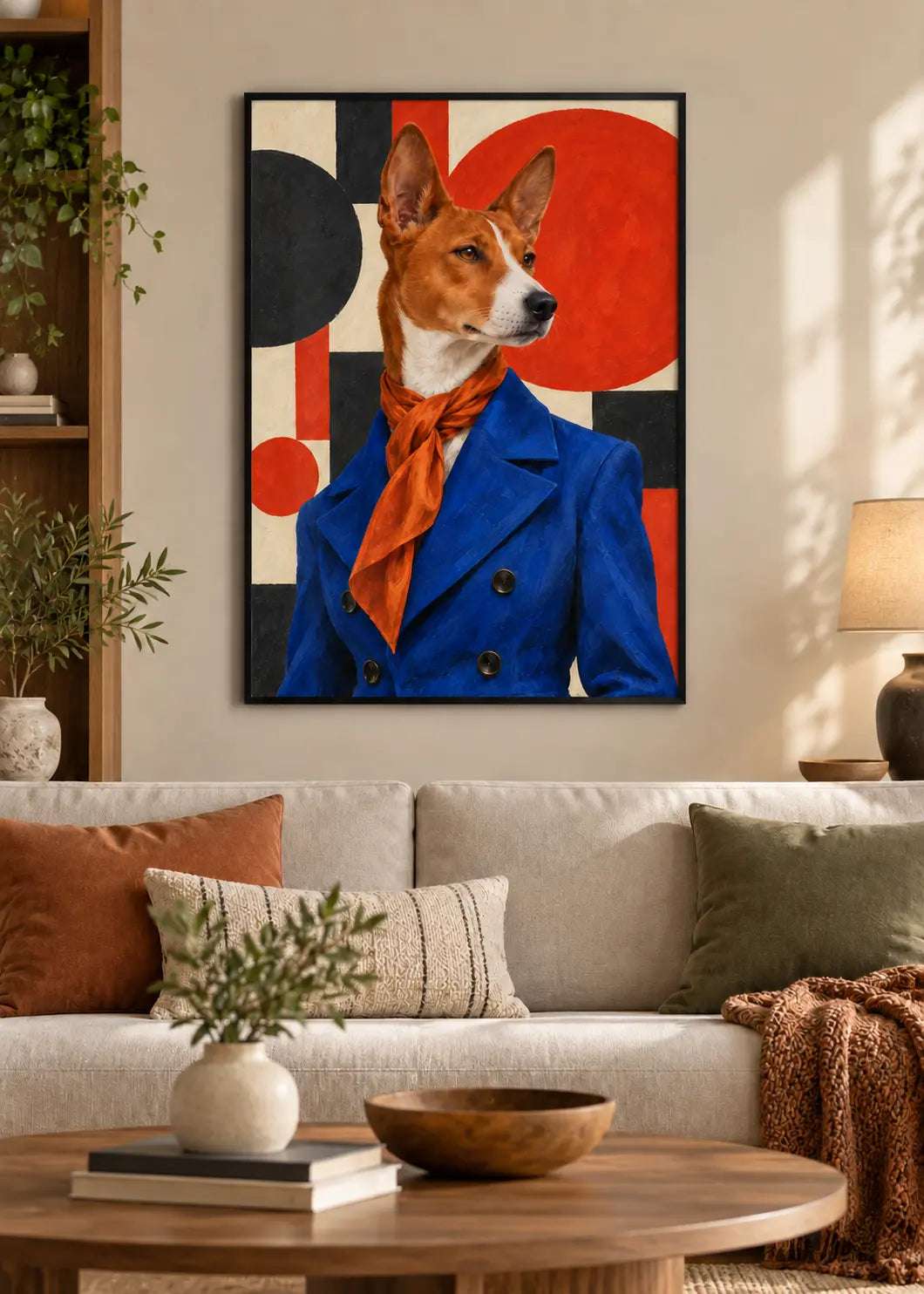 GL00000063 Whippet Sumi-e Lavendel – identisches Wohnzimmer-Mockup im schwarzen Holzrahmen ohne weißen Innenrand
