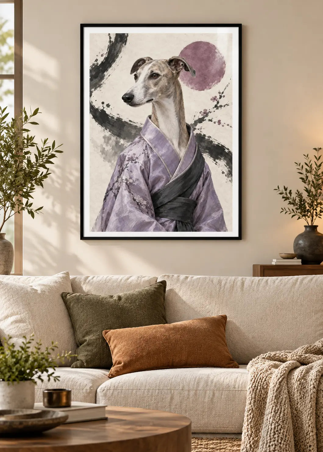 GL00000063 Whippet Sumi-e Lavendel – Wohnzimmer-Mockup im schwarzen Holzrahmen mit weißem Innenrand