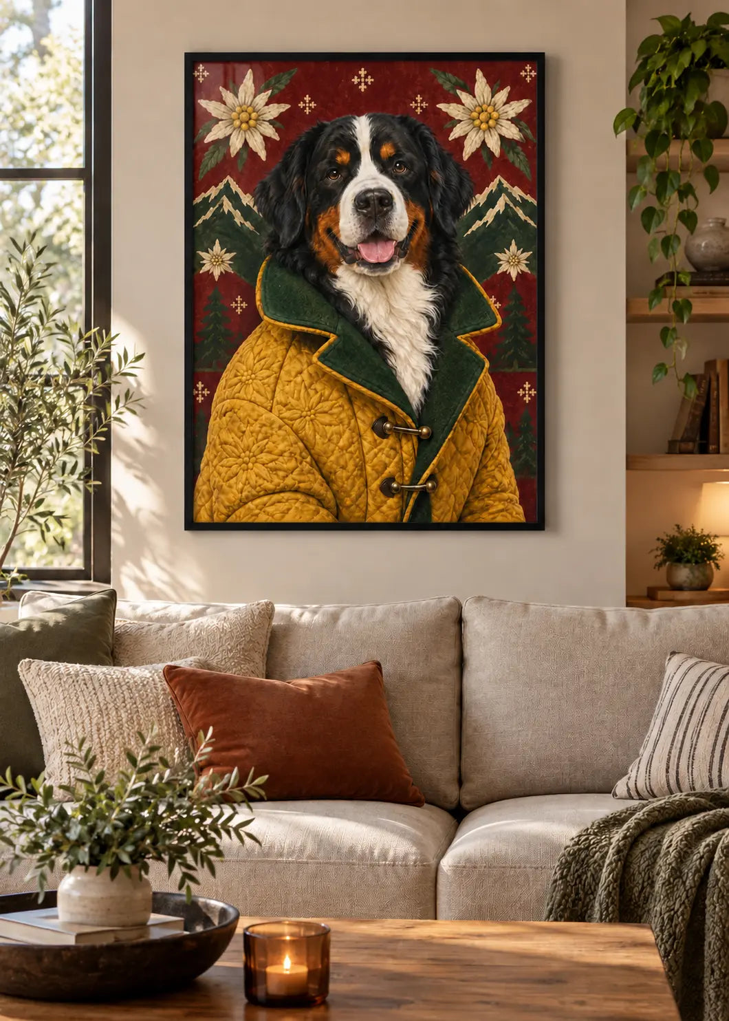 GL00000064 Berner Sennenhund Alpen Couture – identisches Wohnzimmer-Mockup im schwarzen Holzrahmen ohne weißen Innenrand