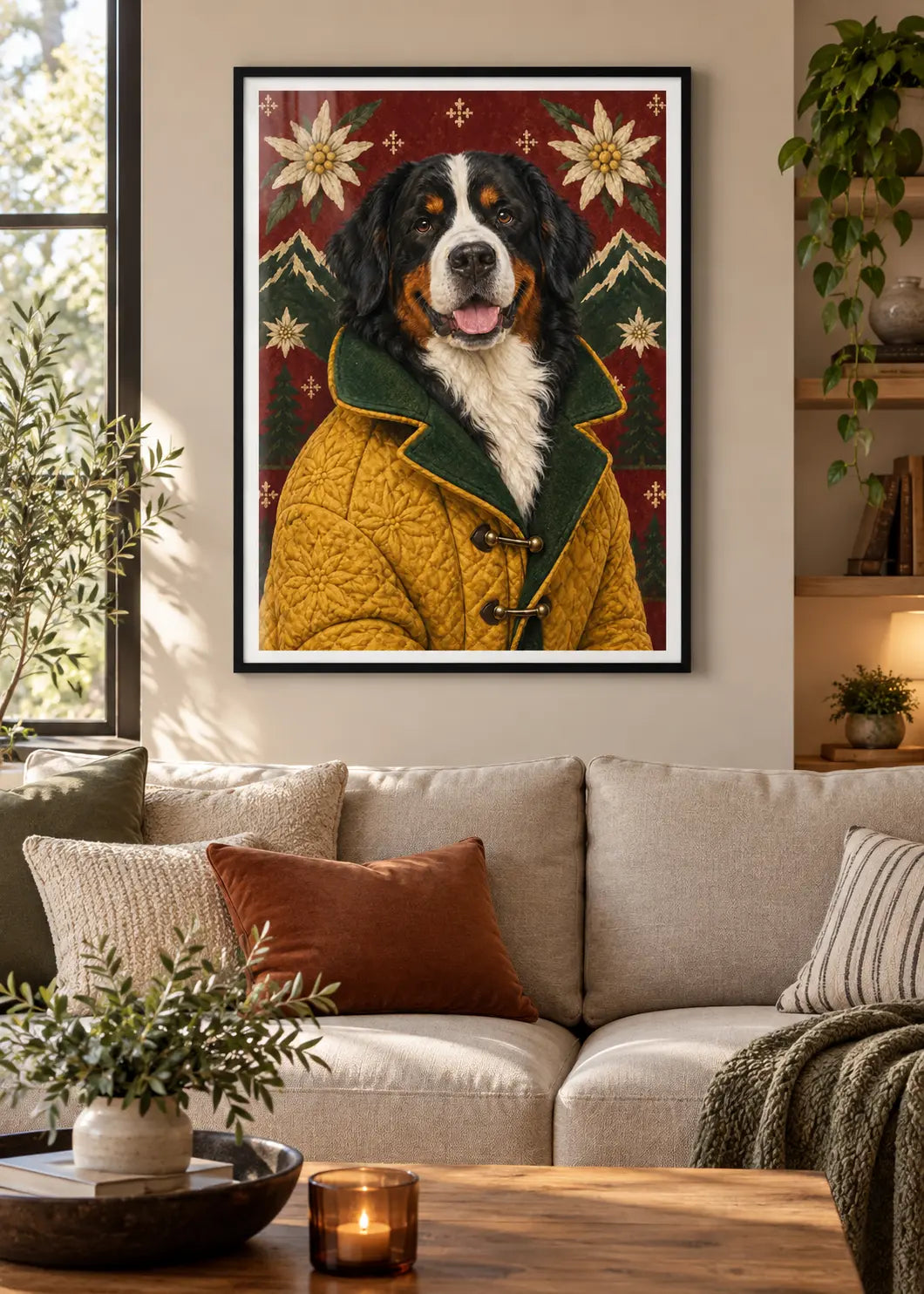GL00000064 Berner Sennenhund Alpen Couture – Wohnzimmer-Mockup im schwarzen Holzrahmen mit weißem Innenrand