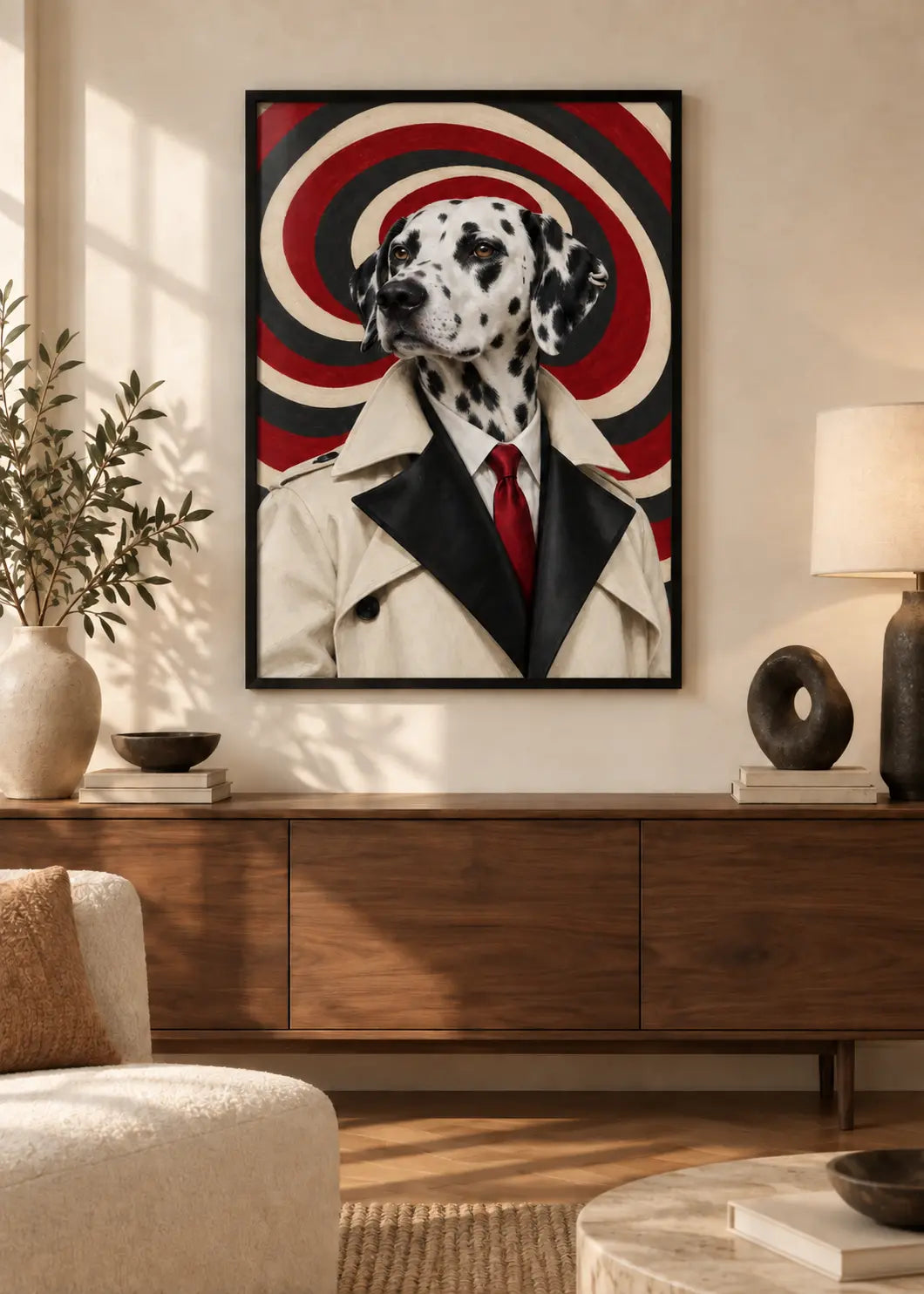 GL00000065 Dalmatiner Op-Art Rubin – identisches Wohnzimmer-Mockup im schwarzen Holzrahmen ohne weißen Innenrand