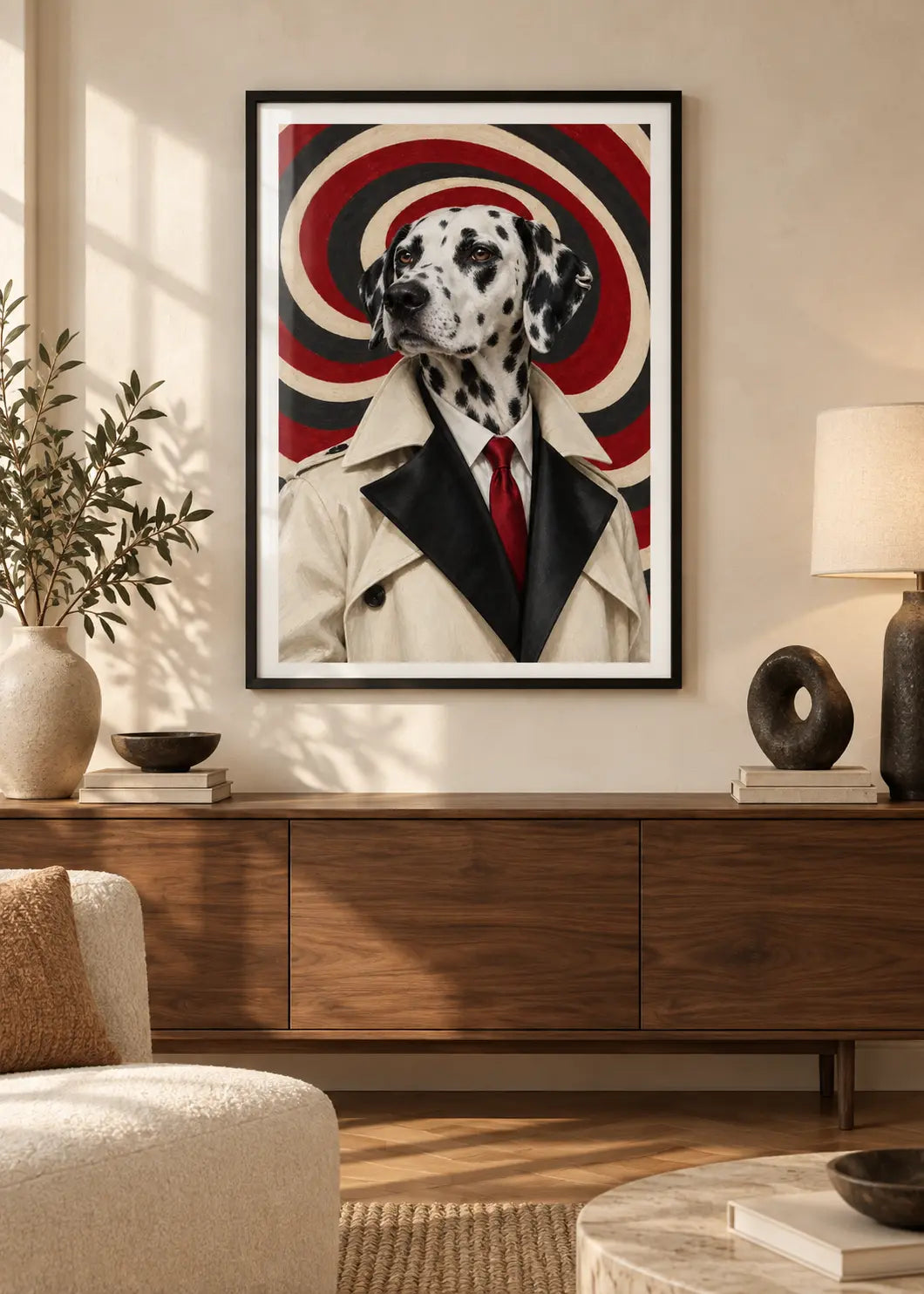 GL00000065 Dalmatiner Op-Art Rubin – Wohnzimmer-Mockup im schwarzen Holzrahmen mit weißem Innenrand