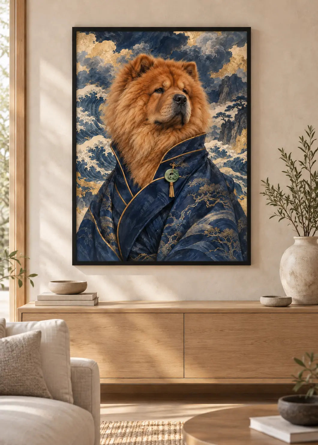 GL00000066 Chow-Chow Ukiyo Indigo – identisches Wohnzimmer-Mockup im schwarzen Holzrahmen ohne weißen Innenrand