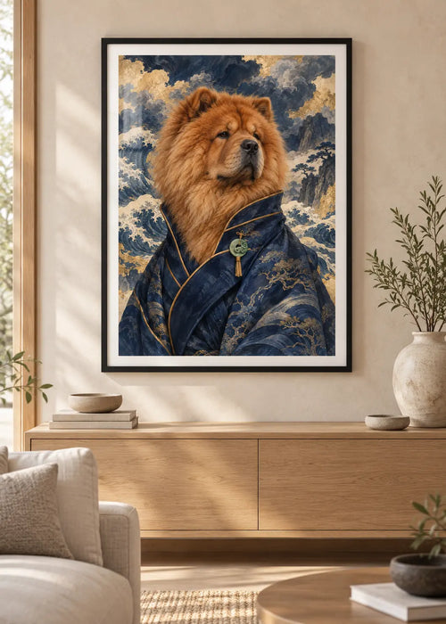 GL00000066 Chow-Chow Ukiyo Indigo – Wohnzimmer-Mockup im schwarzen Holzrahmen mit weißem Innenrand