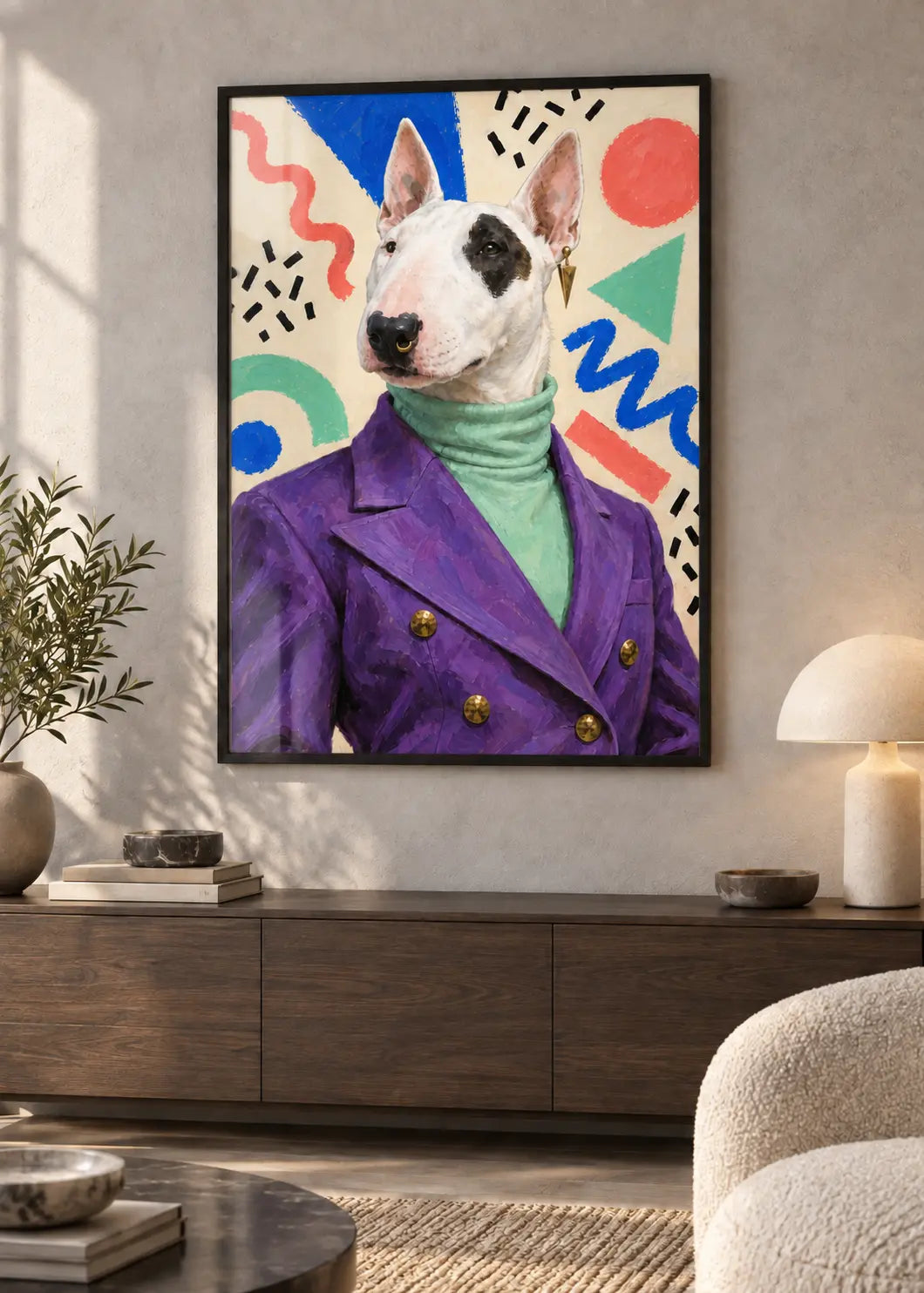 GL00000067 Bullterrier Memphis Mint – identisches Wohnzimmer-Mockup im schwarzen Holzrahmen ohne weißen Innenrand