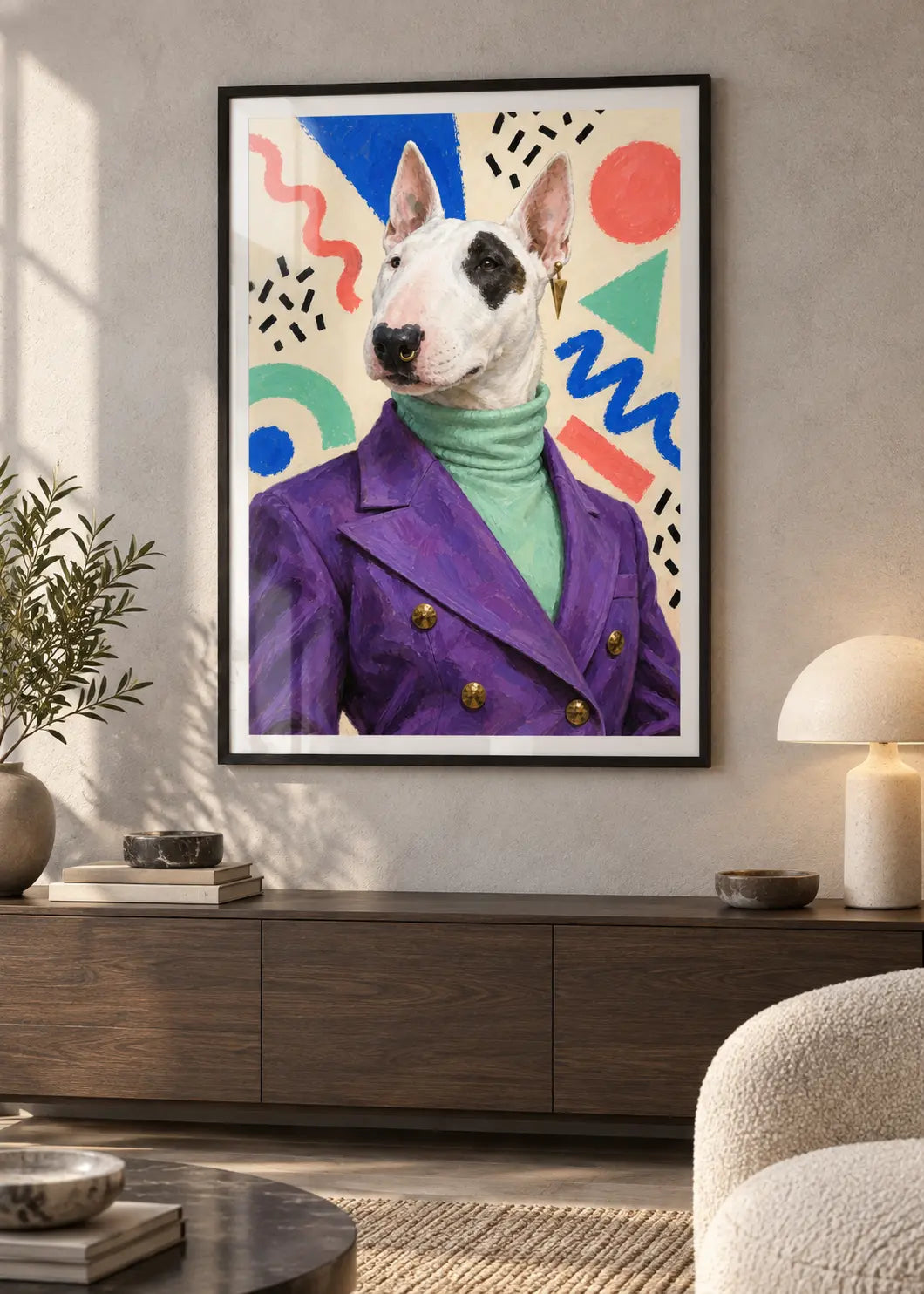 GL00000067 Bullterrier Memphis Mint – Wohnzimmer-Mockup im schwarzen Holzrahmen mit weißem Innenrand
