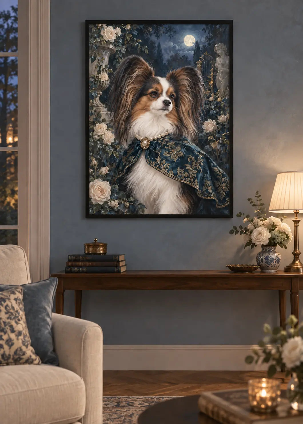 GL00000068 Papillon Rococo Nuit – identisches Wohnzimmer-Mockup im schwarzen Holzrahmen ohne weißen Innenrand